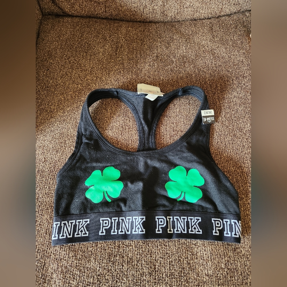 Victorias Secret Pink Black Sports Bra with Green Shamrocks XS NWT